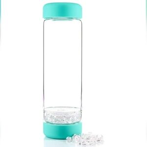 Vitajuwel Inu! Clear Glass Water Bottle  Aqua‎ Lid + Grey Felt Insulator Sleeve
